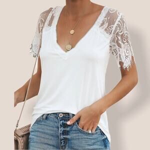 Boutique NWOT Medium White V Neck Lace Trim & Sleeves Tee Shirt Blouse